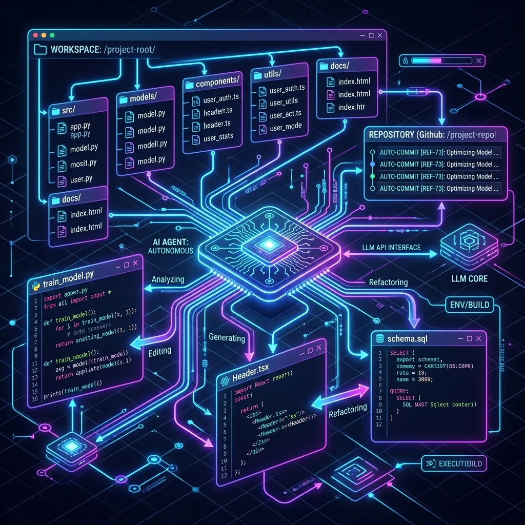 Architectural diagram showing AI agents working autonomously across repositories