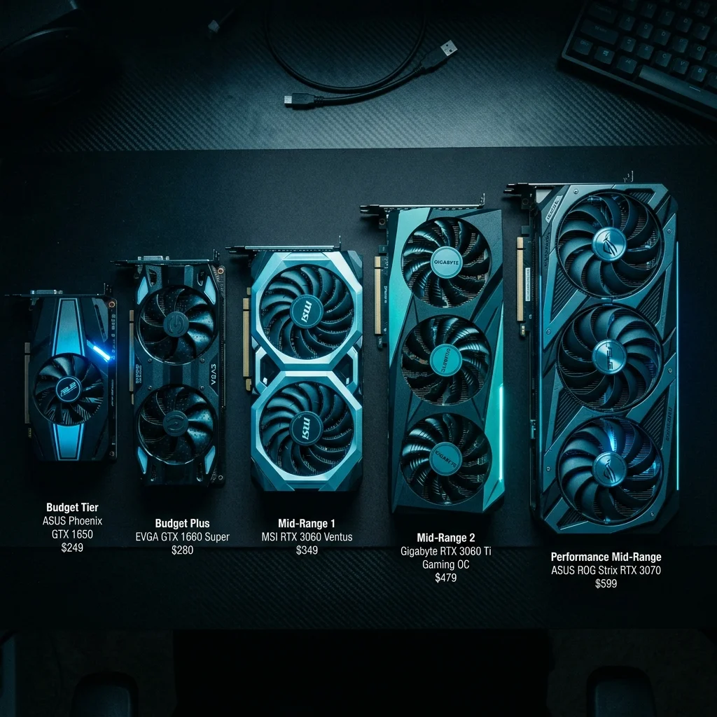 Cinematic flat-lay of budget GPU graphics cards with blue LED lighting representing different price tiers for local AI workloads