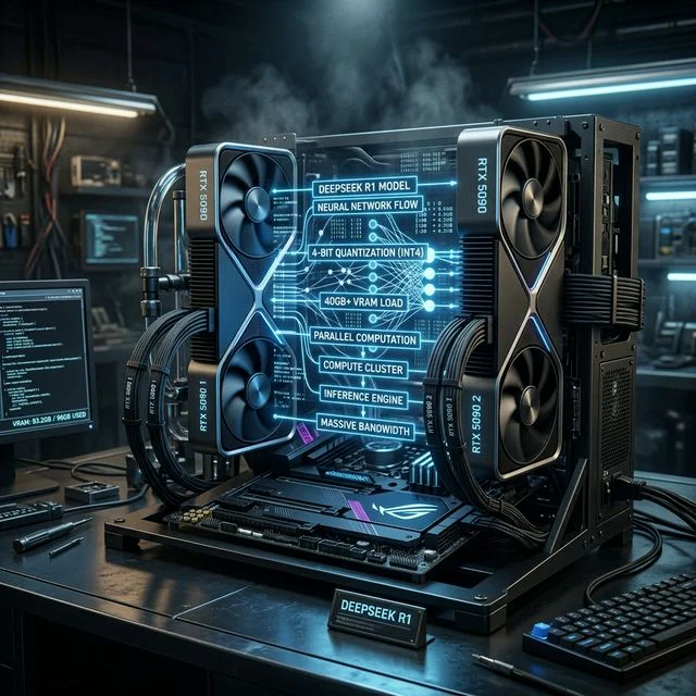Cinematic 3D render of dual RTX 5090 GPUs processing DeepSeek R1 holographic data streams