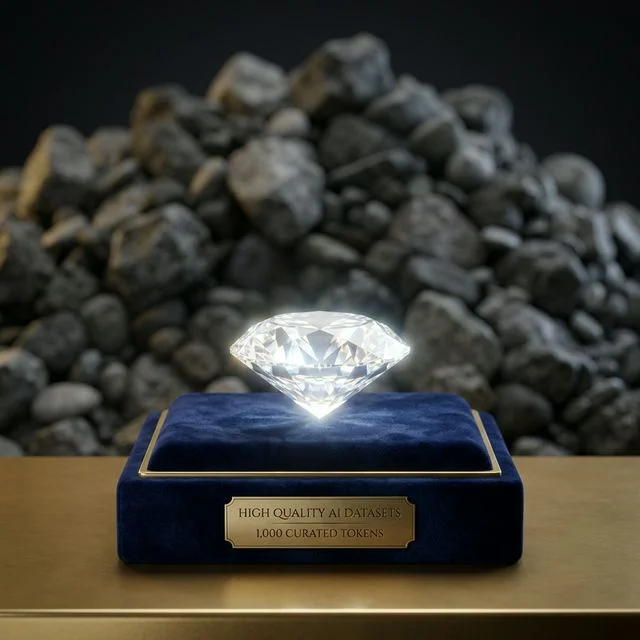 Glowing pristine diamond representing high-quality AI dataset tokens versus noisy rocks