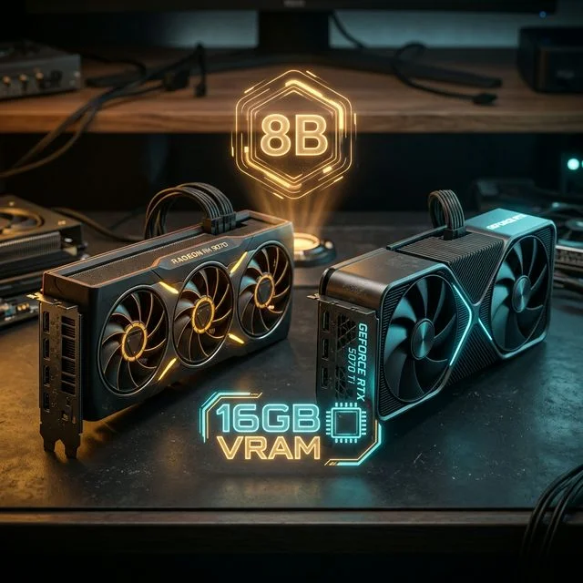 Macro 3D artwork of AMD RX 9070 and RTX 5070 Ti GPUs representing budget 16GB VRAM hardware