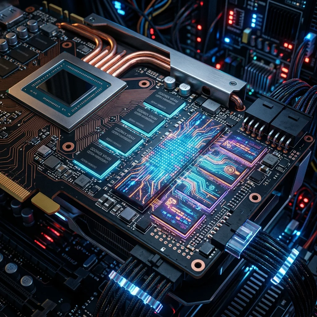 Cinematic visualization of GPU VRAM memory chips glowing with data processing for local LLM inference
