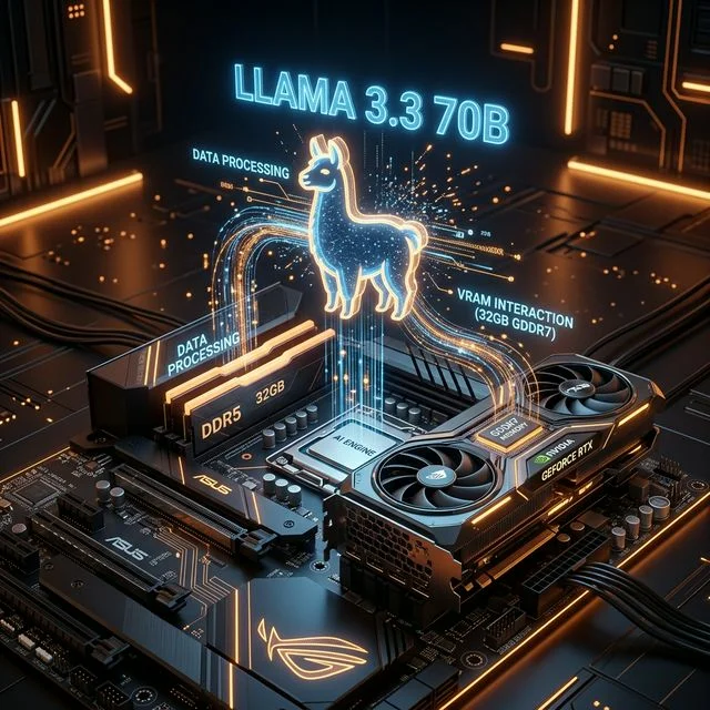 3D visualization of glowing computer RAM and GPU running Llama 3.3 70B with GDDR7 memory