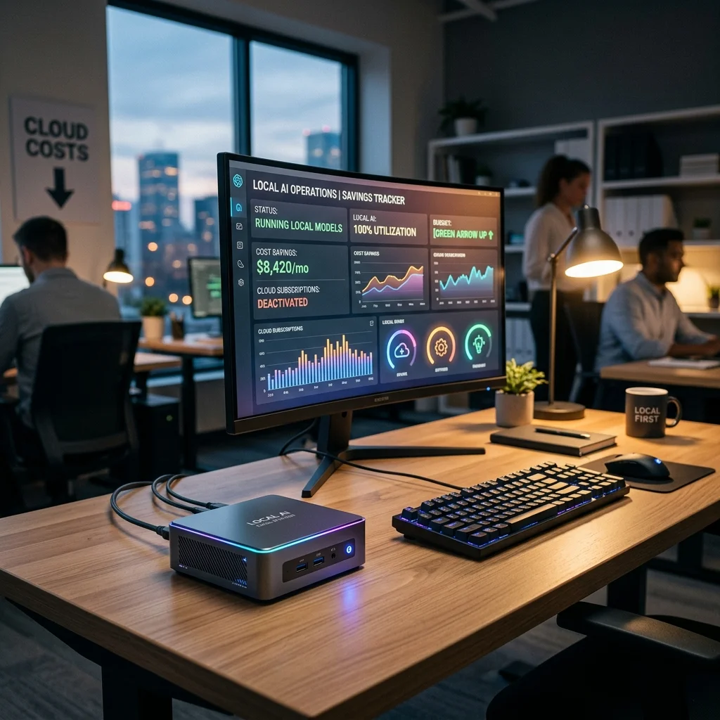 A sleek mini PC glowing on a modern small business office desk running local AI, conceptualizing cost-saving and replacing cloud subscriptions