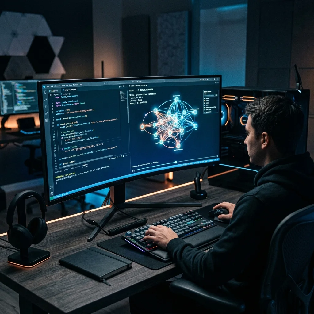 A cinematic, futuristic coding setup showcasing local language model visualization and glowing code on a dark curved monitor screen.