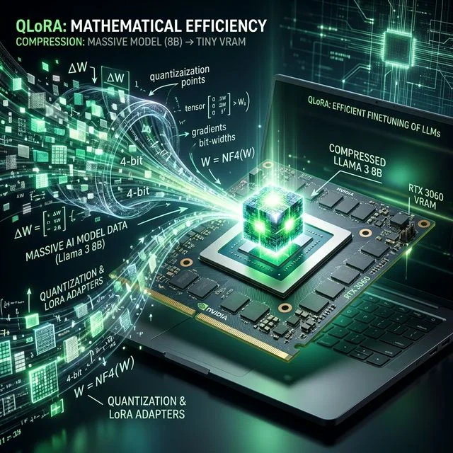 Abstract 3D representation of QLoRA mathematical efficiency computing on a laptop GPU
