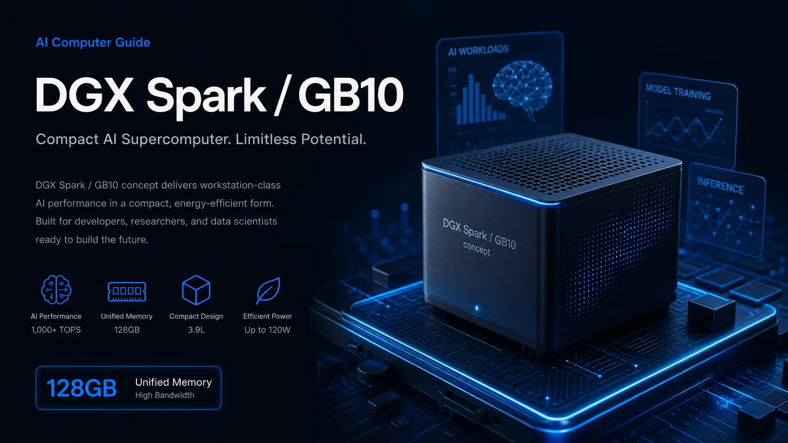 DGX Spark GB10 compact AI workstation concept with 128GB badge
