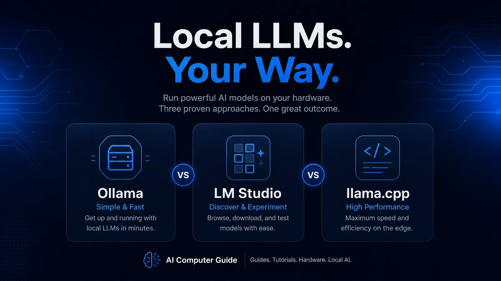 Ollama, LM Studio, and llama.cpp comparison tiles for local LLM stacks