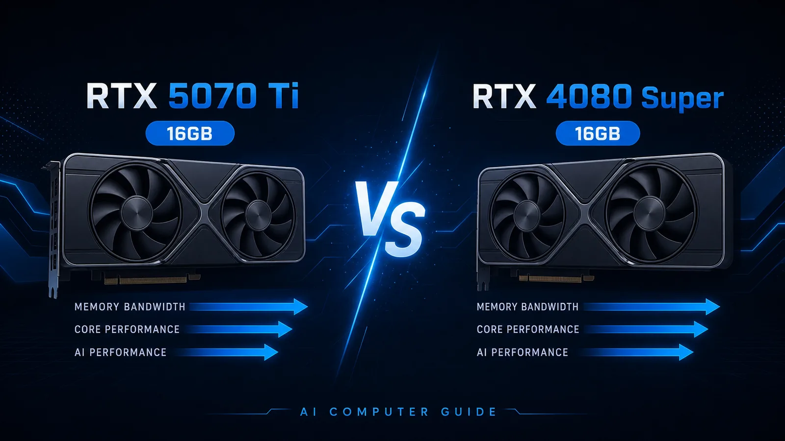 RTX 5070 Ti versus RTX 4080 Super 16GB VRAM comparison graphic