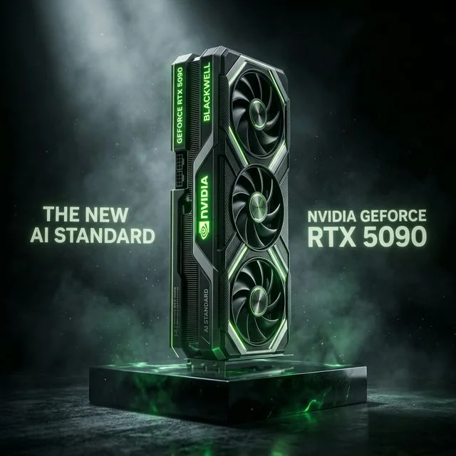 Ultra-premium monolith 3D render of the NVIDIA RTX 5090 Blackwell GPU on an obsidian pedestal