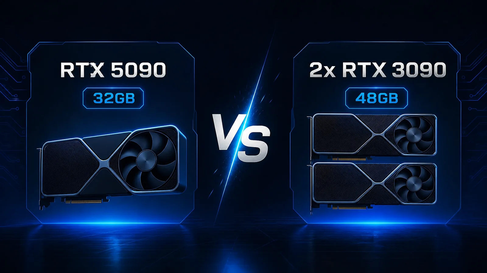 RTX 5090 32GB versus dual RTX 3090 48GB comparison graphic for local DeepSeek R1