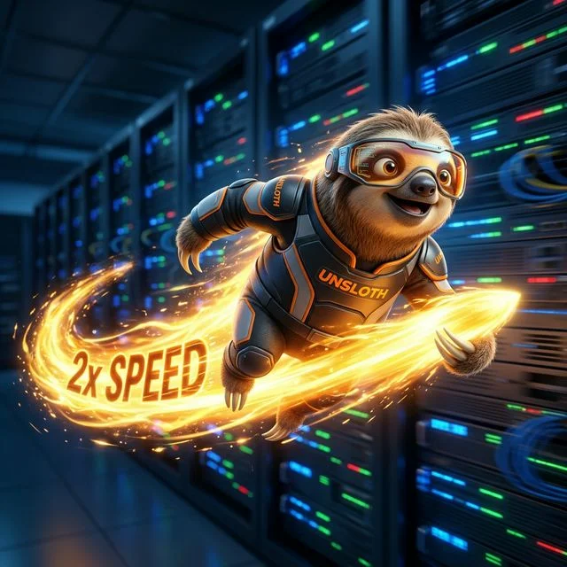 High-speed 3D rendering of a sloth in futuristic racing goggles representing Unsloth AI optimization